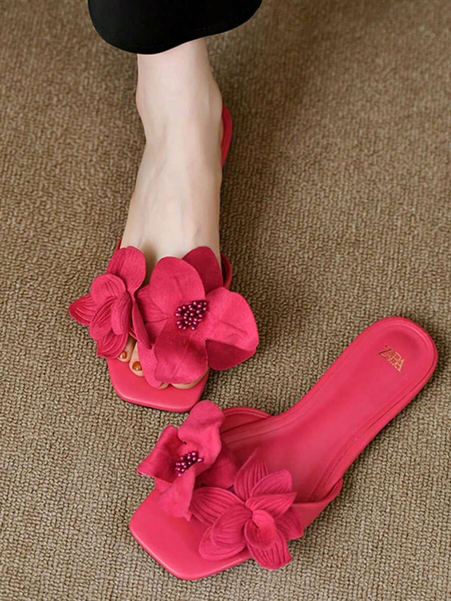 2024 New Fuchsia Rose Petal Decor Open Toe French Style Flat Slide-6