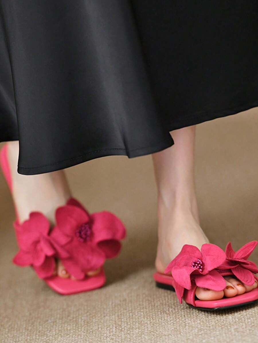 2024 New Fuchsia Rose Petal Decor Open Toe French Style Flat Slide-8