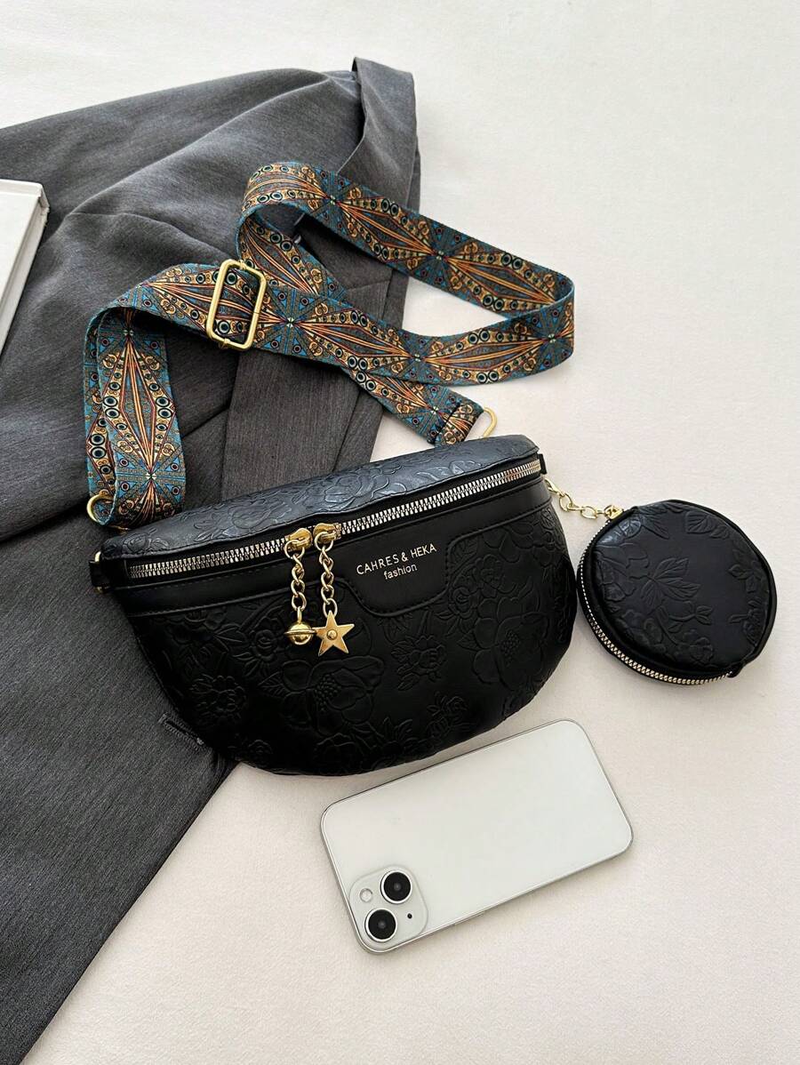 2pcs Set Embossed Fashion Waist Bag & Chest Bag For Women, Large Capacity-4