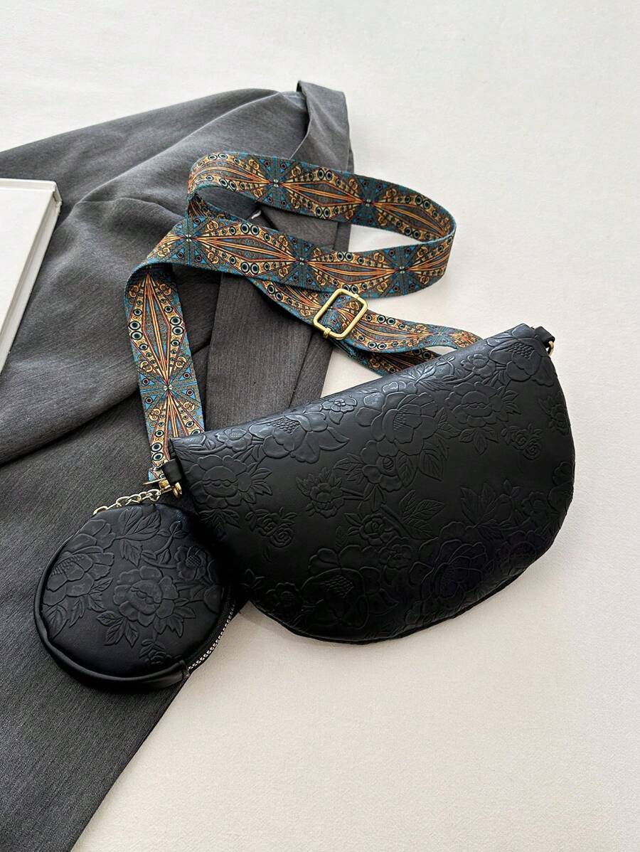 2pcs Set Embossed Fashion Waist Bag & Chest Bag For Women, Large Capacity-5