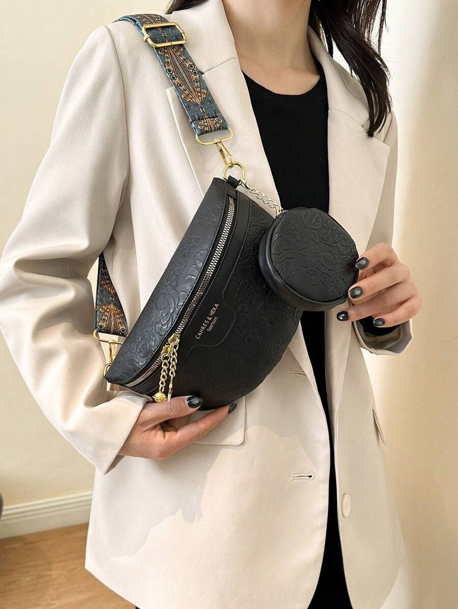 2pcs Set Embossed Fashion Waist Bag & Chest Bag For Women, Large Capacity-6