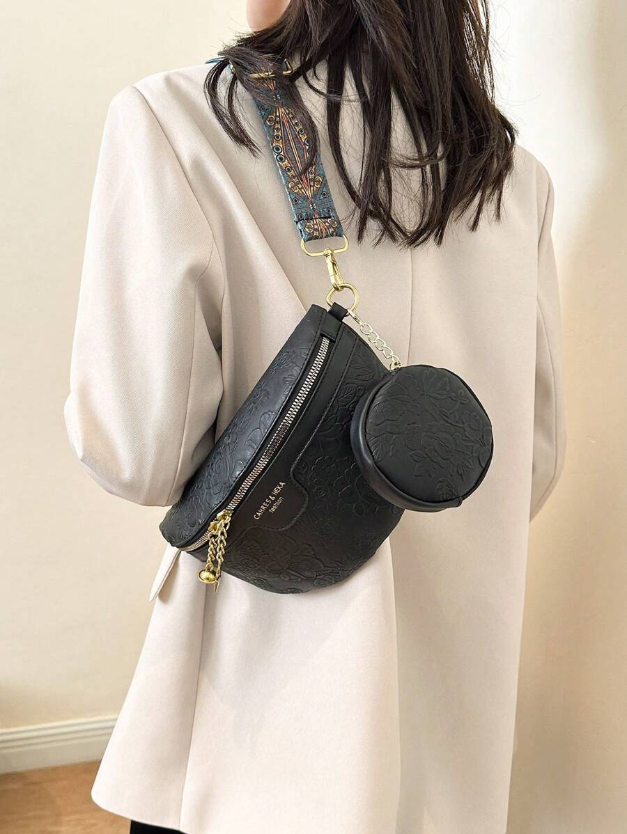 2pcs Set Embossed Fashion Waist Bag & Chest Bag For Women, Large Capacity-7