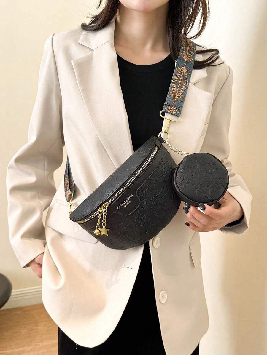 2pcs Set Embossed Fashion Waist Bag & Chest Bag For Women, Large Capacity-8