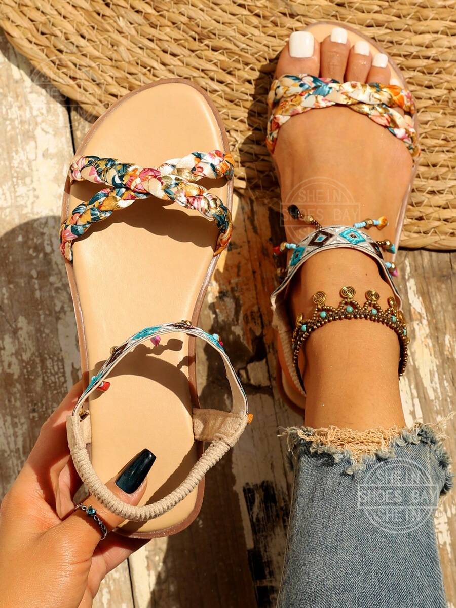 Bohemian Style Beaded Flat Sandals Suitable For Outside Wearing Valentines beige-3