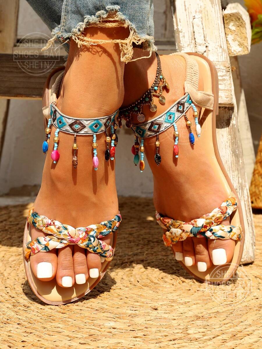 Bohemian Style Beaded Flat Sandals Suitable For Outside Wearing Valentines beige-4