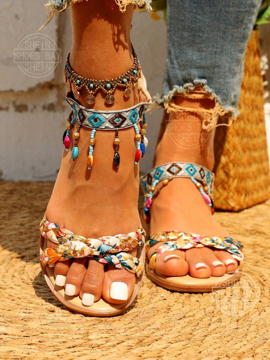 Bohemian Style Beaded Flat Sandals Suitable For Outside Wearing Valentines beige-5