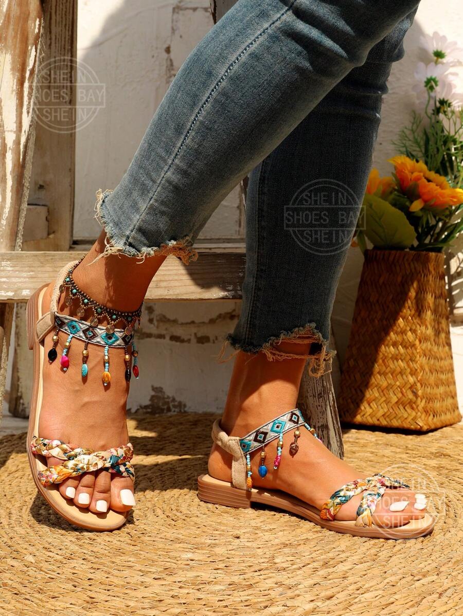 Bohemian Style Beaded Flat Sandals Suitable For Outside Wearing Valentines beige-6