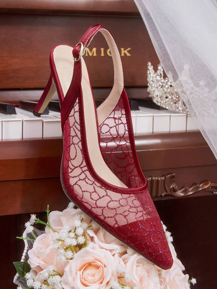 CUCCOO HITCHD Women's Sequin & Lace Pointed Toe Mid Heel Elegant Wedding red-10
