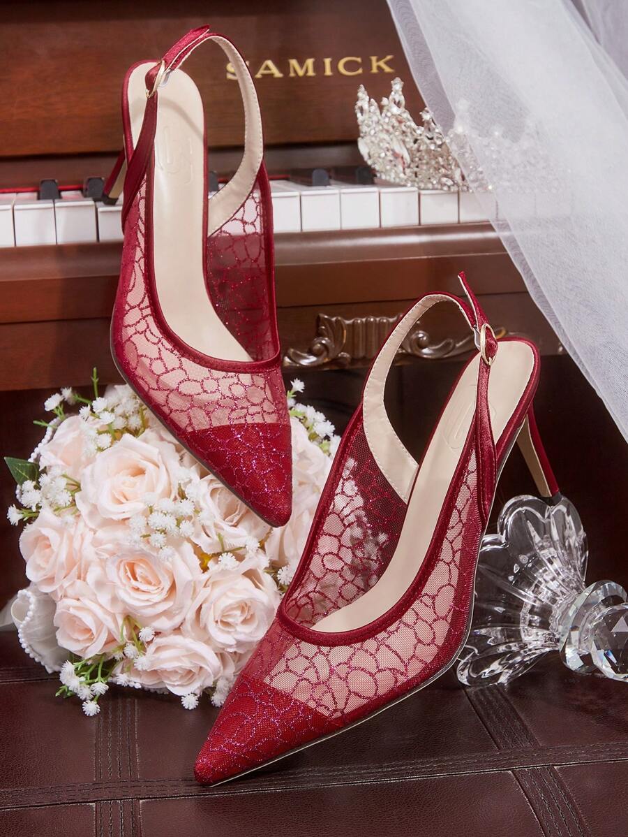 CUCCOO HITCHD Women's Sequin & Lace Pointed Toe Mid Heel Elegant Wedding red-3