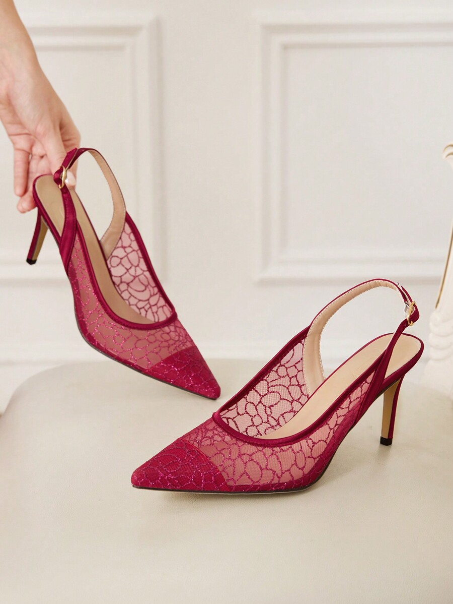 CUCCOO HITCHD Women's Sequin & Lace Pointed Toe Mid Heel Elegant Wedding red-7