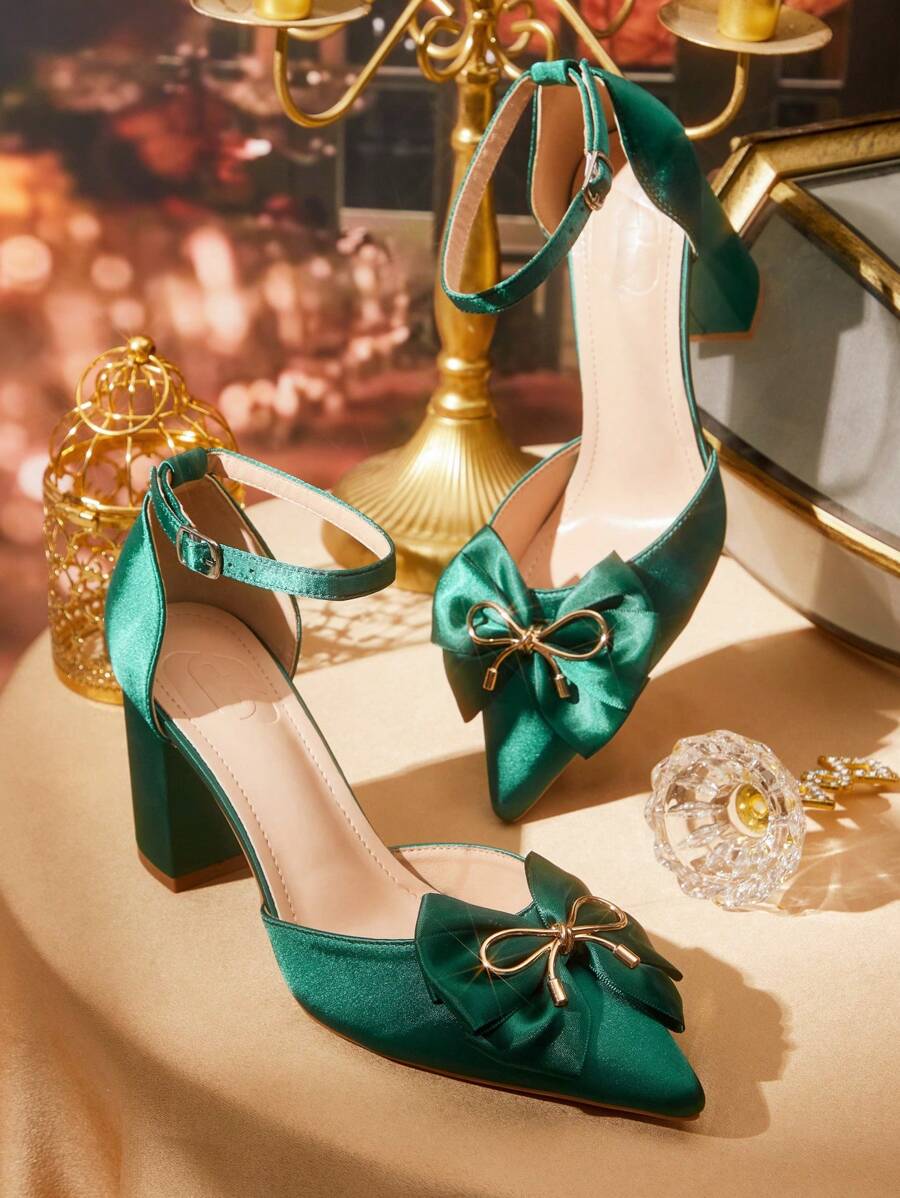 CUCCOO TILAWA Women's Elegant Sweet Romantic Green Satin Square Toe green-6