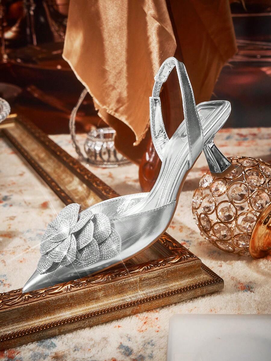 CUCCOO TILAWA Women's Fashion Metal Rhinestone Flower Decor Pointed Toe Low Heel Backstrap Pumps silver-8