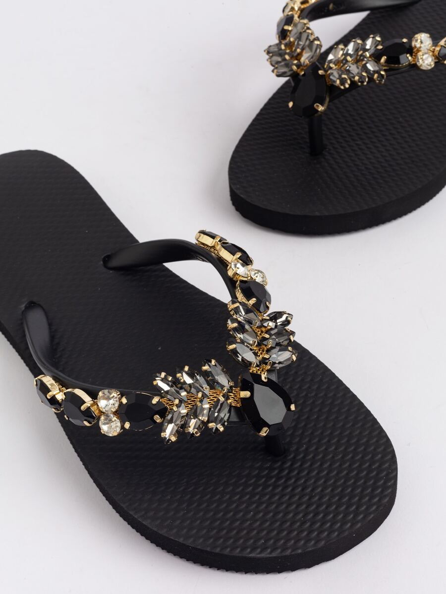 Fashionable Flip Flops For Women, Gemstone Decor Slippers black-3