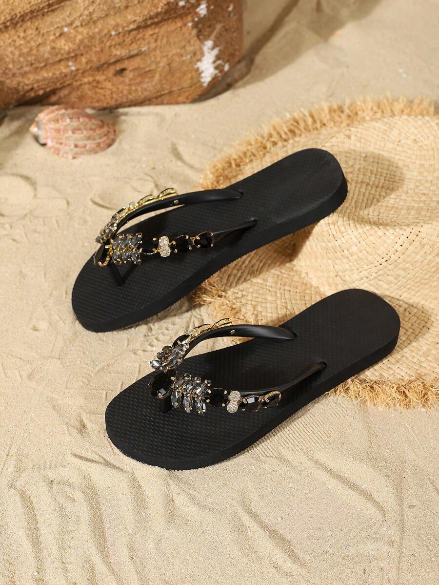 Fashionable Flip Flops For Women, Gemstone Decor Slippers black-5