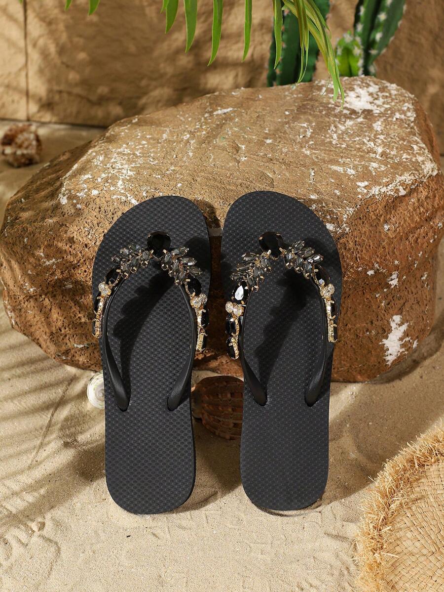 Fashionable Flip Flops For Women, Gemstone Decor Slippers black-8