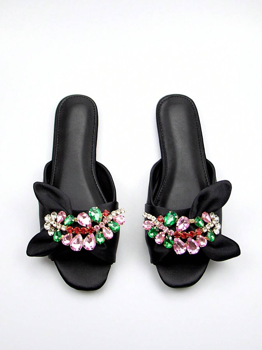 Glamorous Slide Sandals For Women, Satin Gemstone Decor Flat Sandals-3