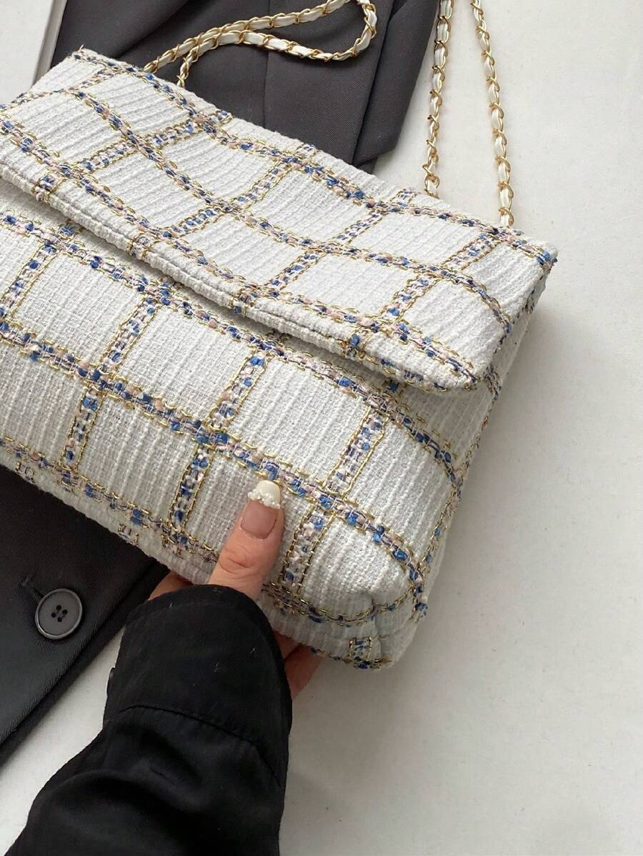 HELLO WEEKEND 1pc Plaid Polyester Portable Flip Cover Shoulder Bag-10