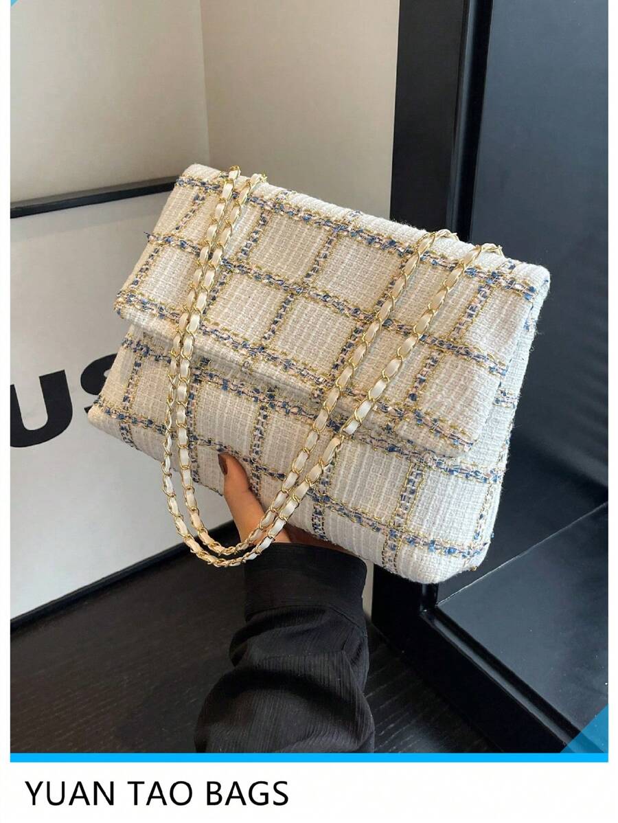 HELLO WEEKEND 1pc Plaid Polyester Portable Flip Cover Shoulder Bag-2