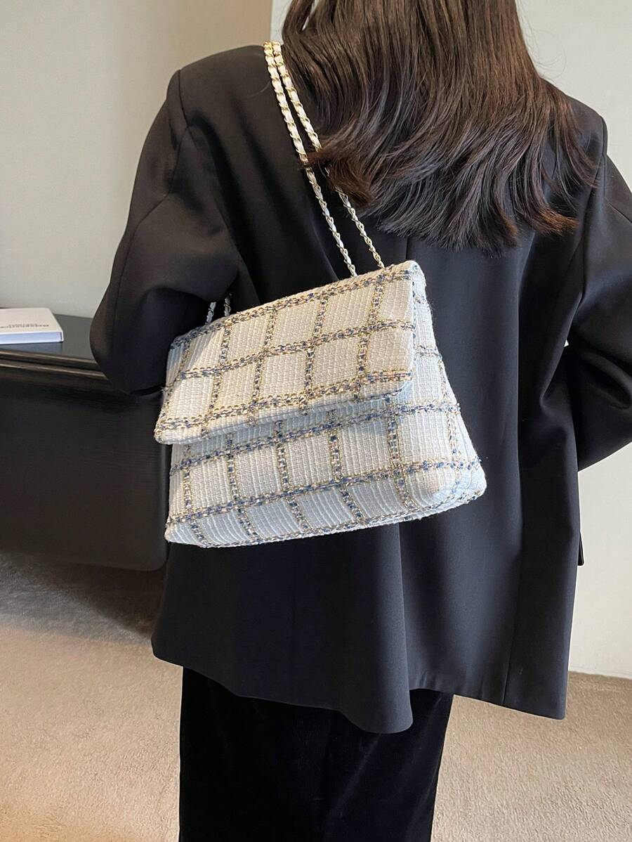 HELLO WEEKEND 1pc Plaid Polyester Portable Flip Cover Shoulder Bag-3