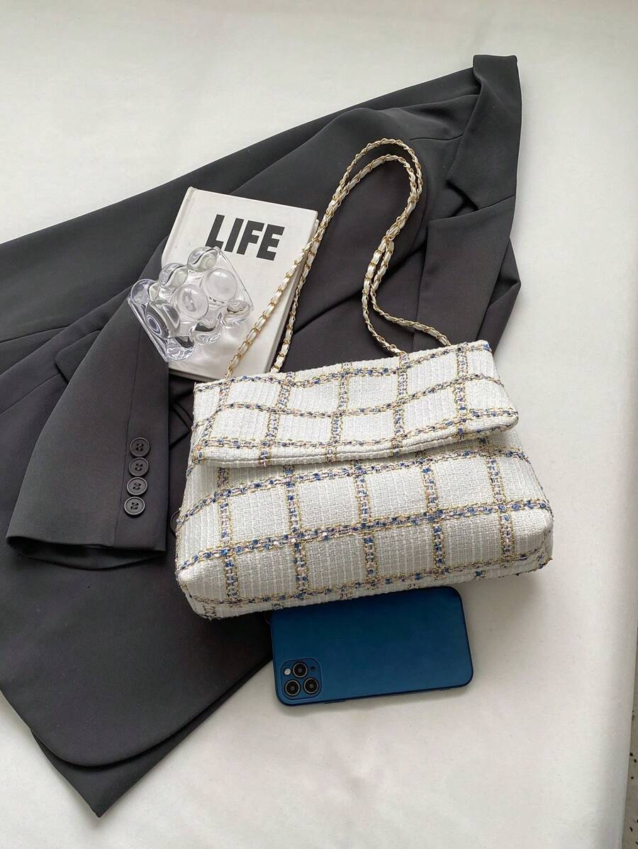 HELLO WEEKEND 1pc Plaid Polyester Portable Flip Cover Shoulder Bag-5