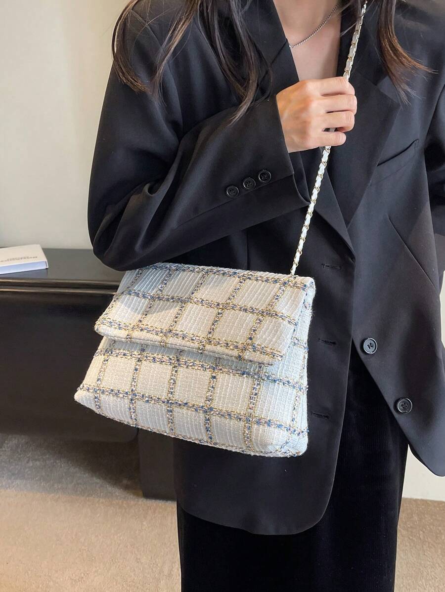 HELLO WEEKEND 1pc Plaid Polyester Portable Flip Cover Shoulder Bag-6