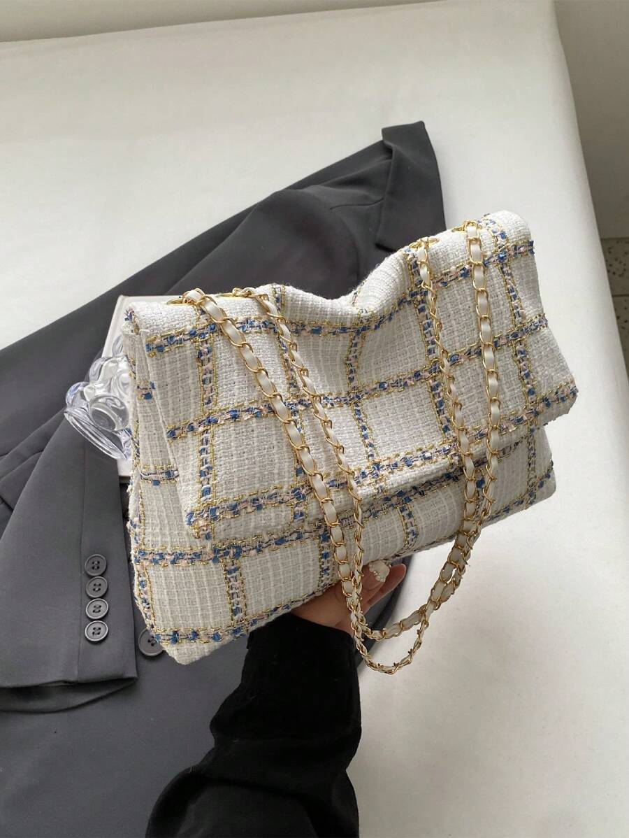 HELLO WEEKEND 1pc Plaid Polyester Portable Flip Cover Shoulder Bag-7