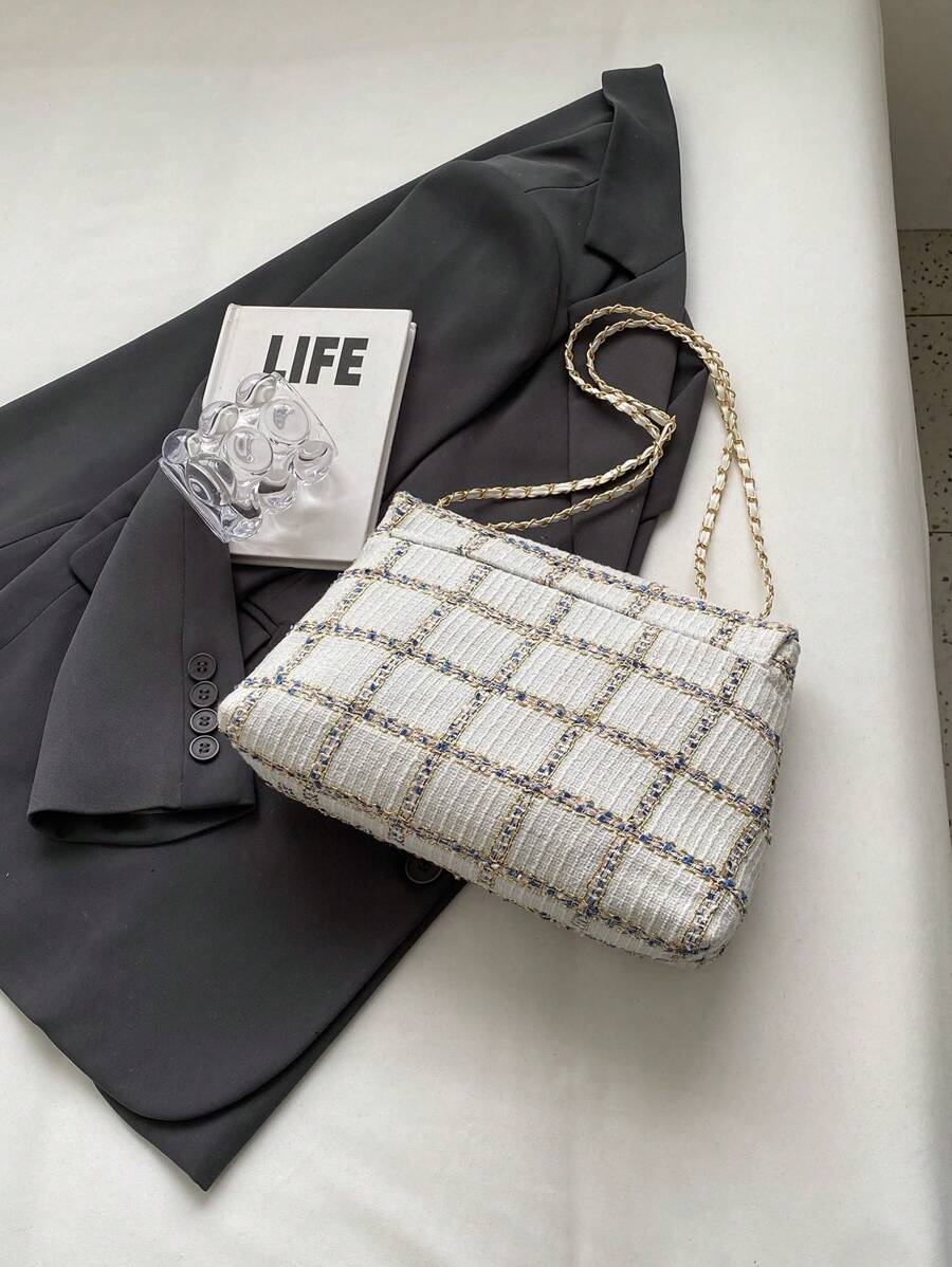 HELLO WEEKEND 1pc Plaid Polyester Portable Flip Cover Shoulder Bag-8