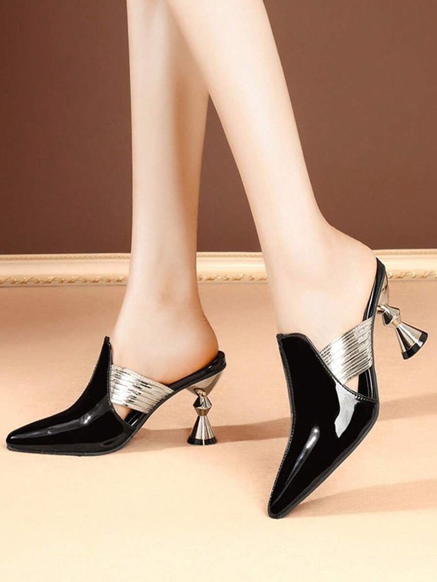 Hollow Toe Pointed Cover Heel Sandals For Women, Bowknot Buckle-2