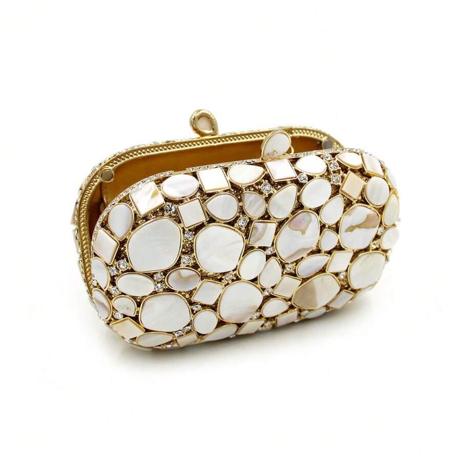 Luxury Gold&White Synthetic Shell Crystal Handmade Evening Bags-11
