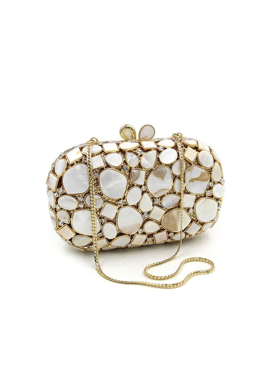 Luxury Gold&White Synthetic Shell Crystal Handmade Evening Bags-2