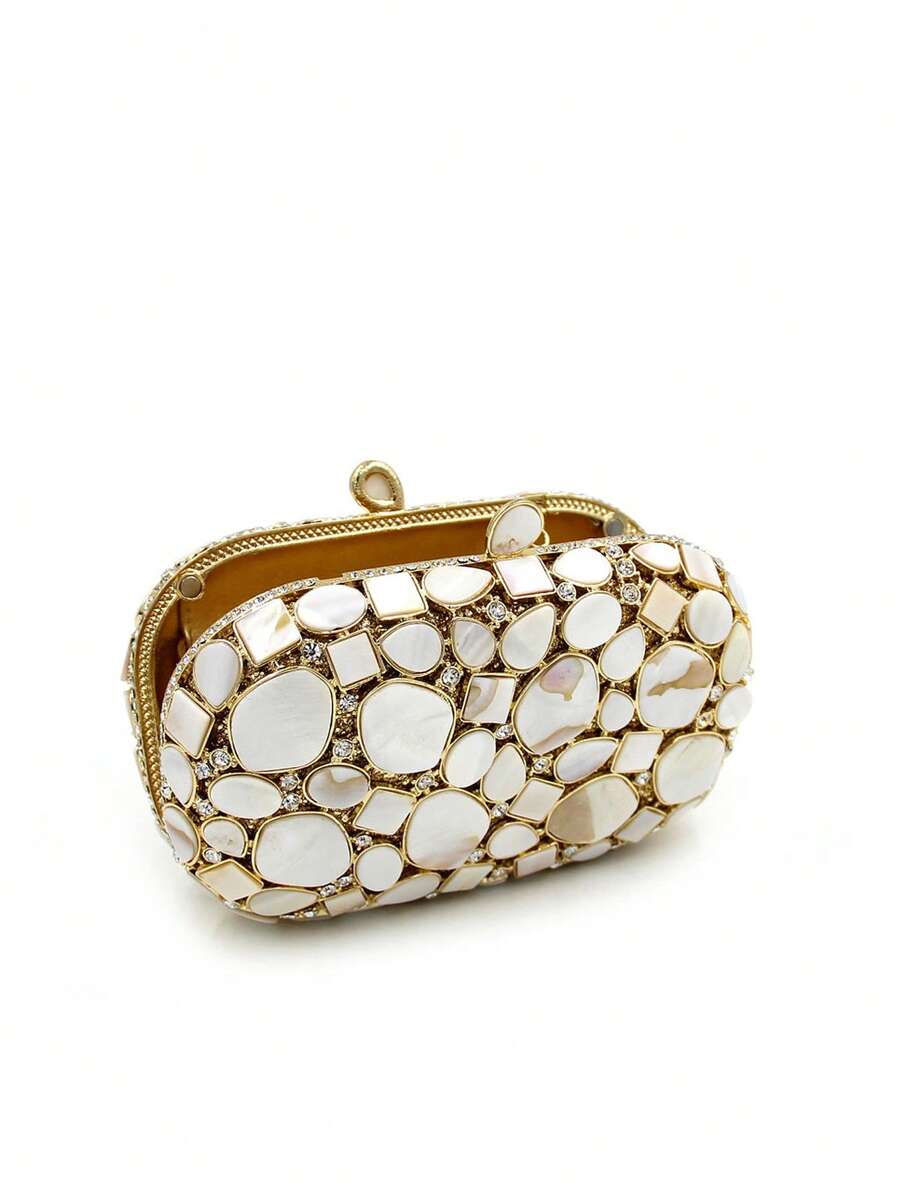Luxury Gold&White Synthetic Shell Crystal Handmade Evening Bags-5