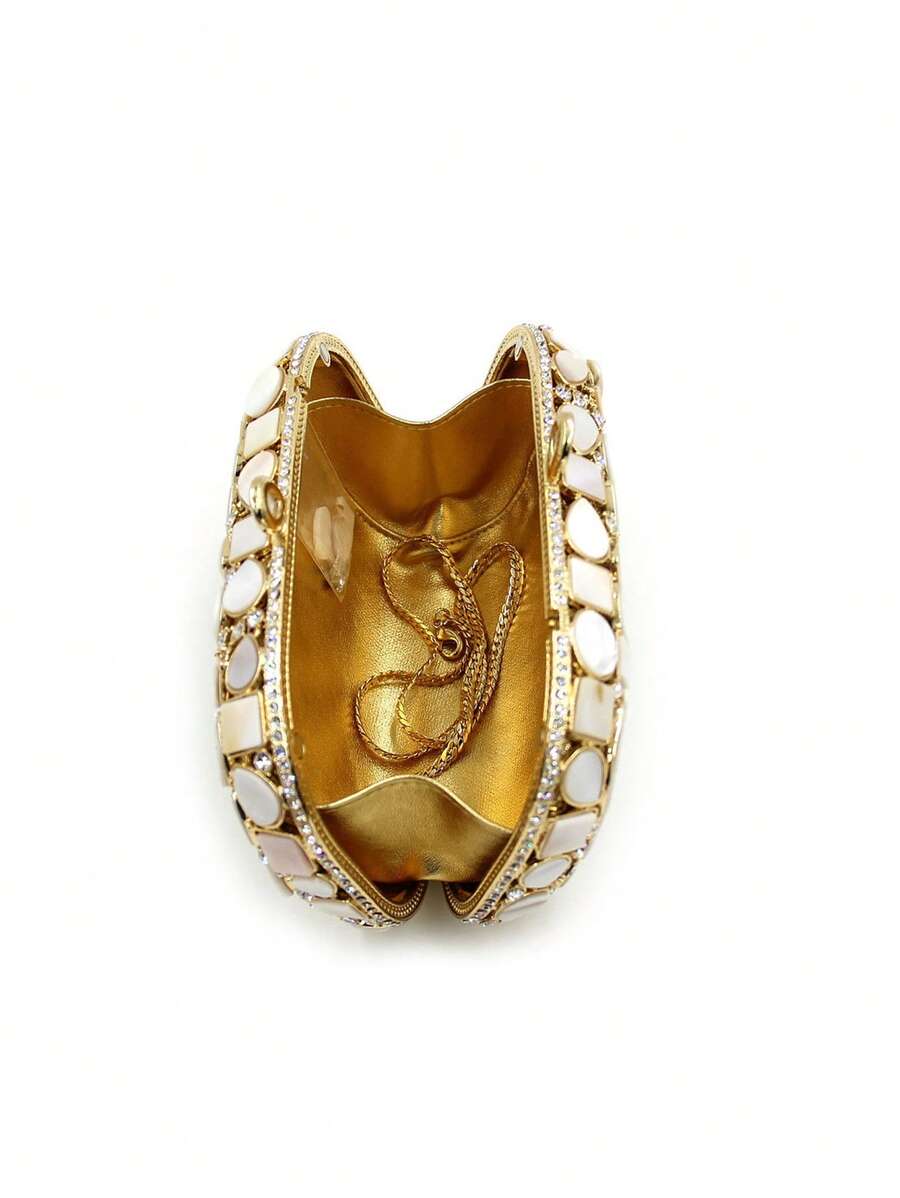 Luxury Gold&White Synthetic Shell Crystal Handmade Evening Bags-7