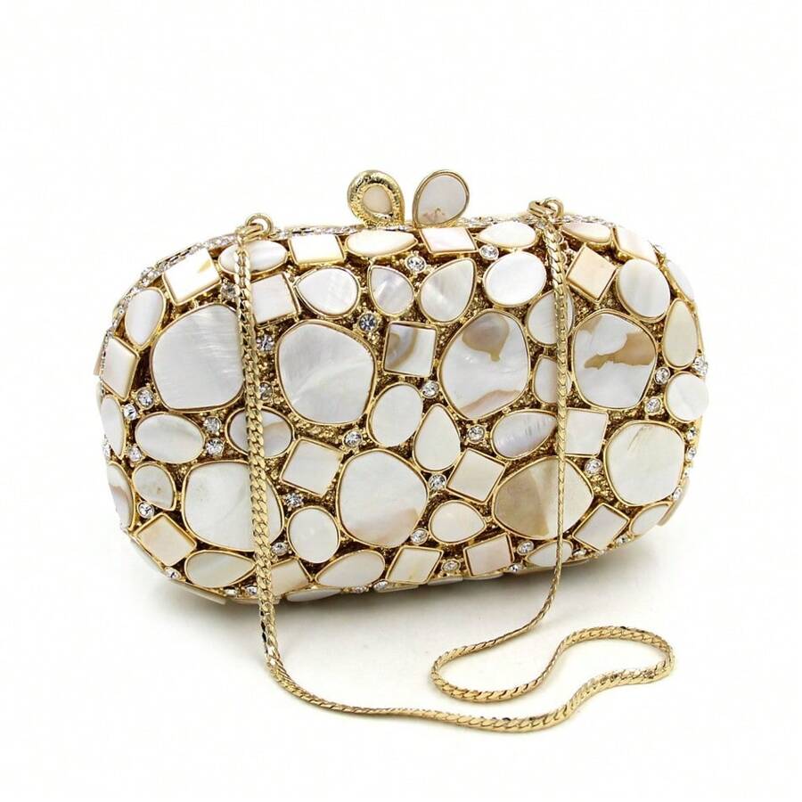 Luxury Gold&White Synthetic Shell Crystal Handmade Evening Bags-8