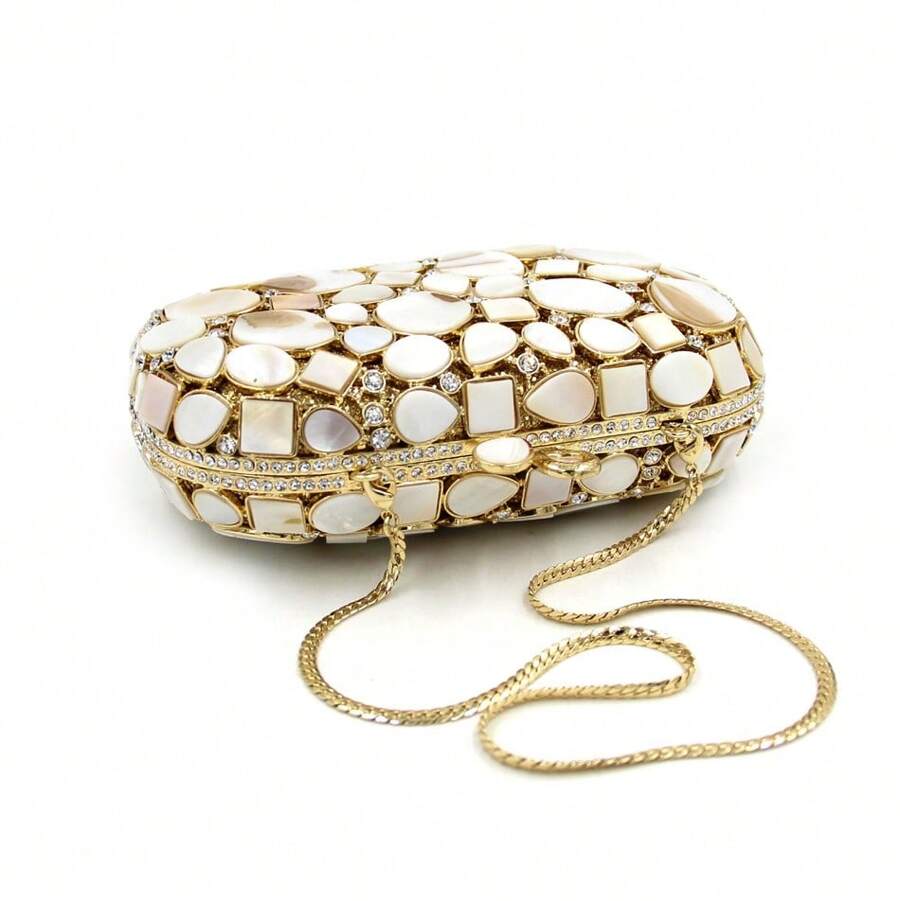 Luxury Gold&White Synthetic Shell Crystal Handmade Evening Bags-9