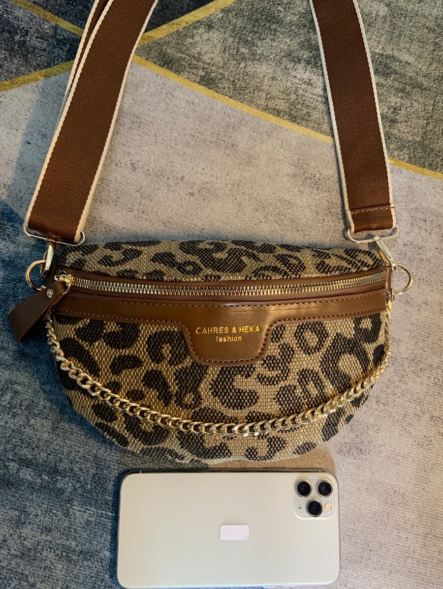 Millennial Vintage Chain Decor Houndstooth & Leopard Print Shoulder & Waist Bag, Leopard Print Bag-8