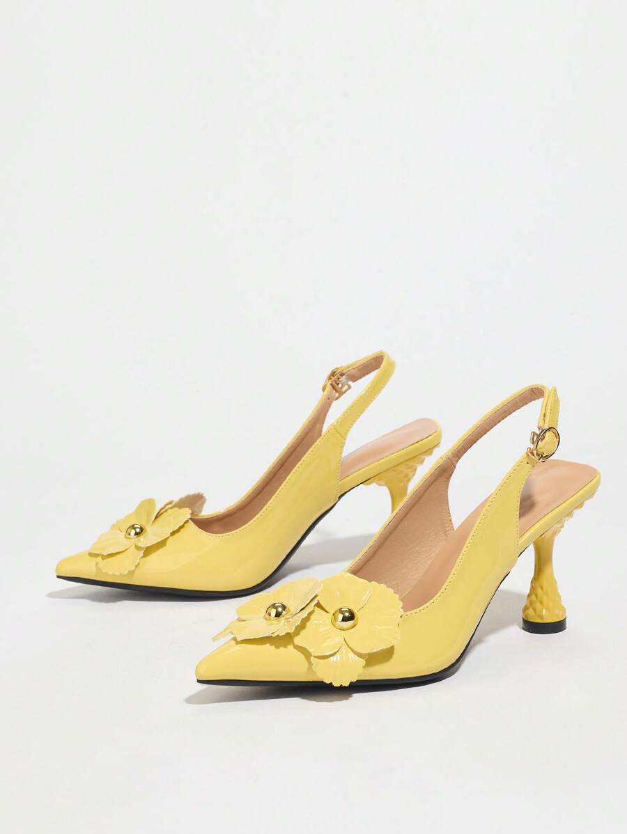 New 2024 Spring Summer Floral Closed Toe Slingback Stiletto Heels Sandals yellow-5