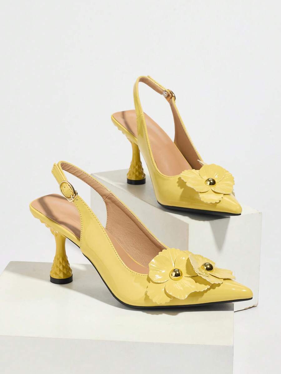 New 2024 Spring Summer Floral Closed Toe Slingback Stiletto Heels Sandals yellow-6