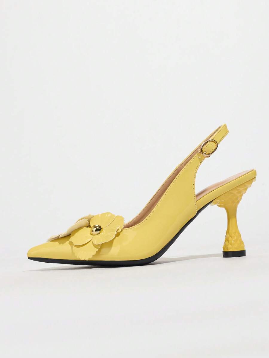 New 2024 Spring Summer Floral Closed Toe Slingback Stiletto Heels Sandals yellow-7