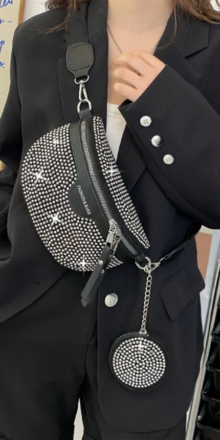 New Arrival Versatile Casual Crossbody Chest Bag, Multifunctional Waist Bag With Rhinestone Embellishment And Matching Small Bag