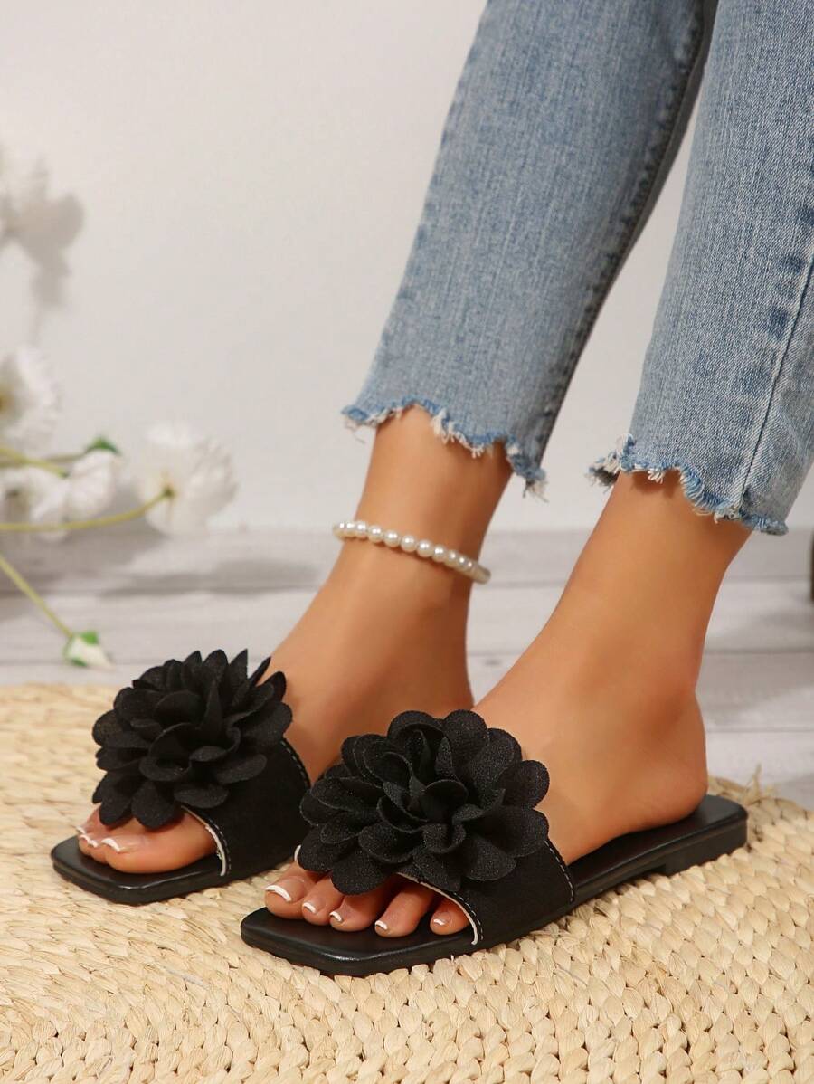 Plus Size Women Comfortable Floral Print Open Toe Flat Slide Sandals-4