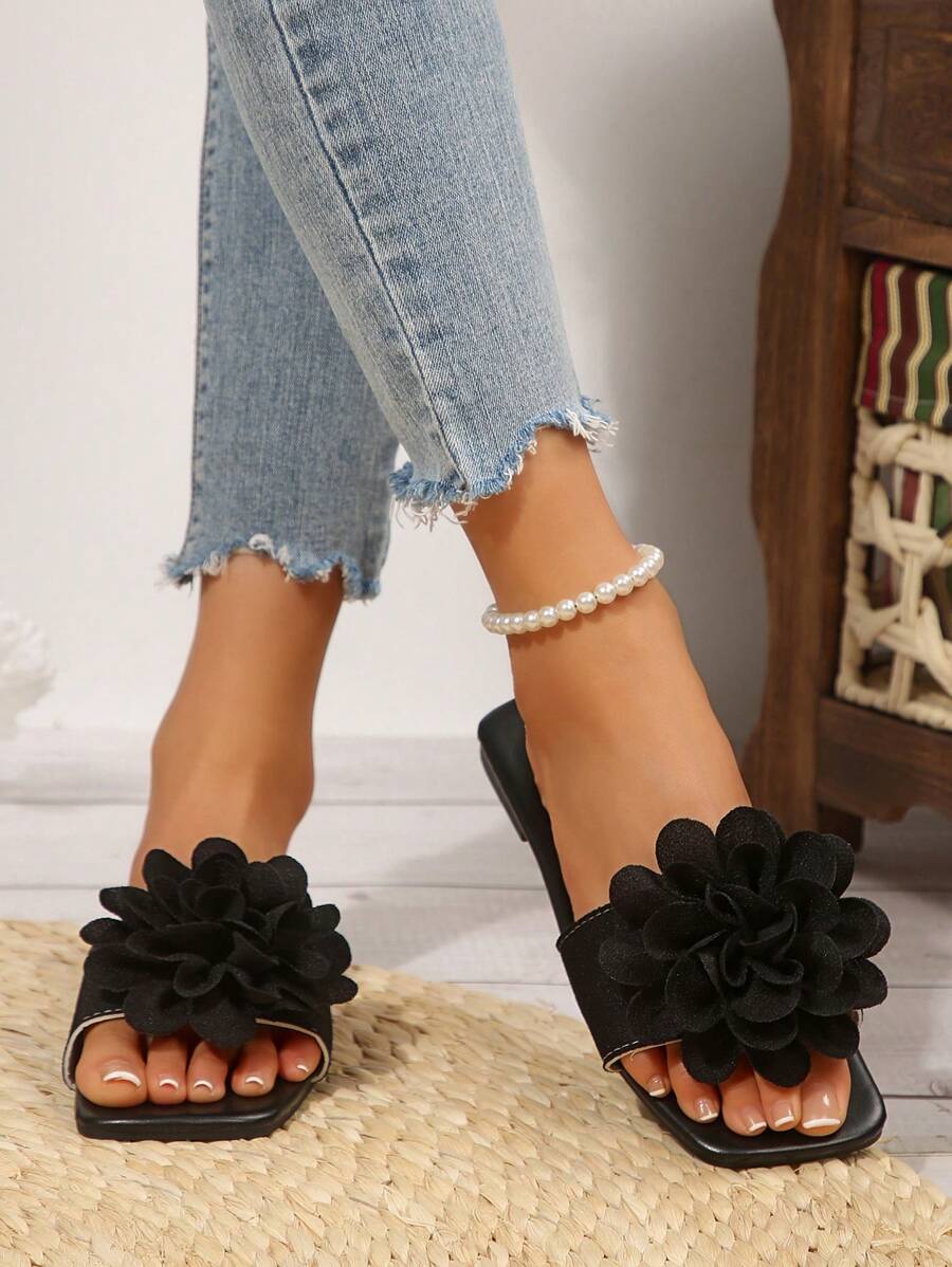 Plus Size Women Comfortable Floral Print Open Toe Flat Slide Sandals-7