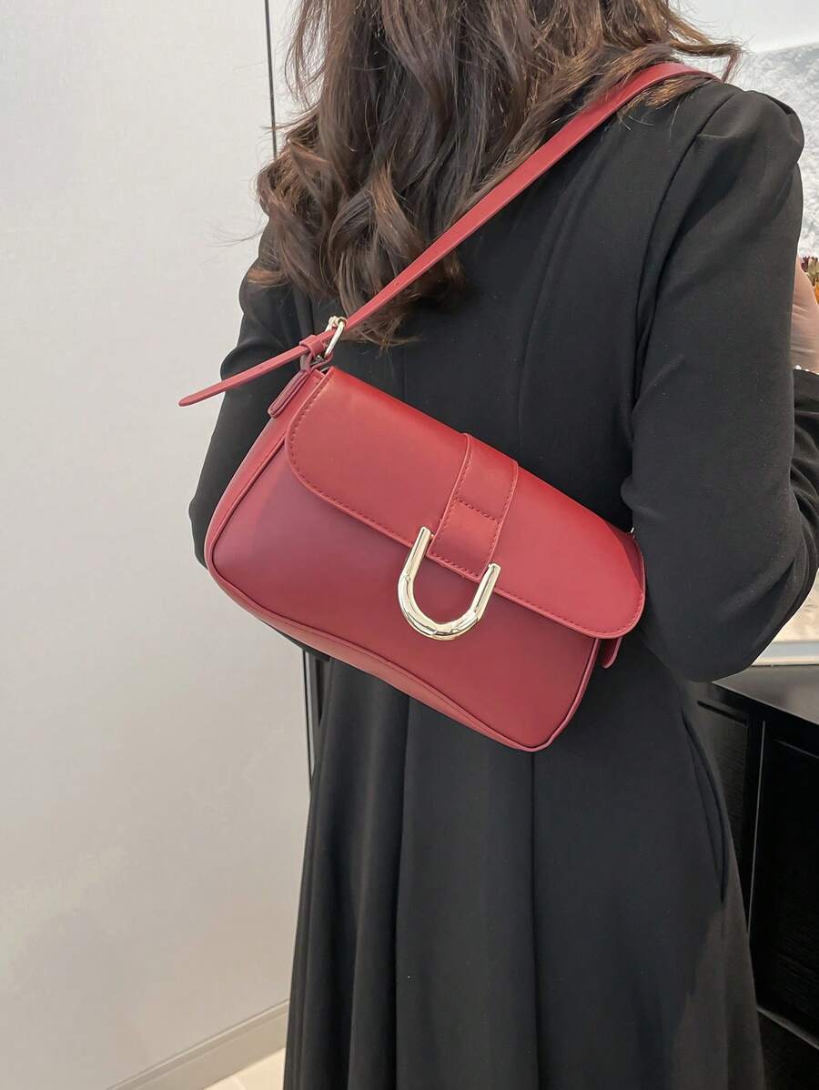 Retro Solid Colored Square Shoulder Bag All Matching Flap Armpit Purse -2