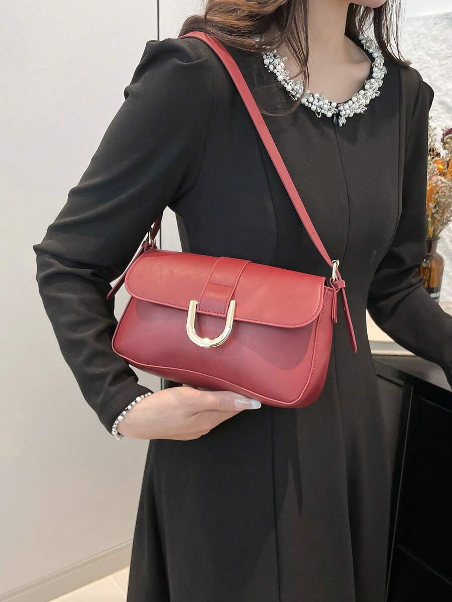 Retro Solid Colored Square Shoulder Bag All Matching Flap Armpit Purse -3