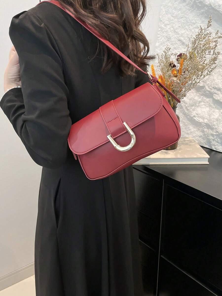 Retro Solid Colored Square Shoulder Bag All Matching Flap Armpit Purse -4