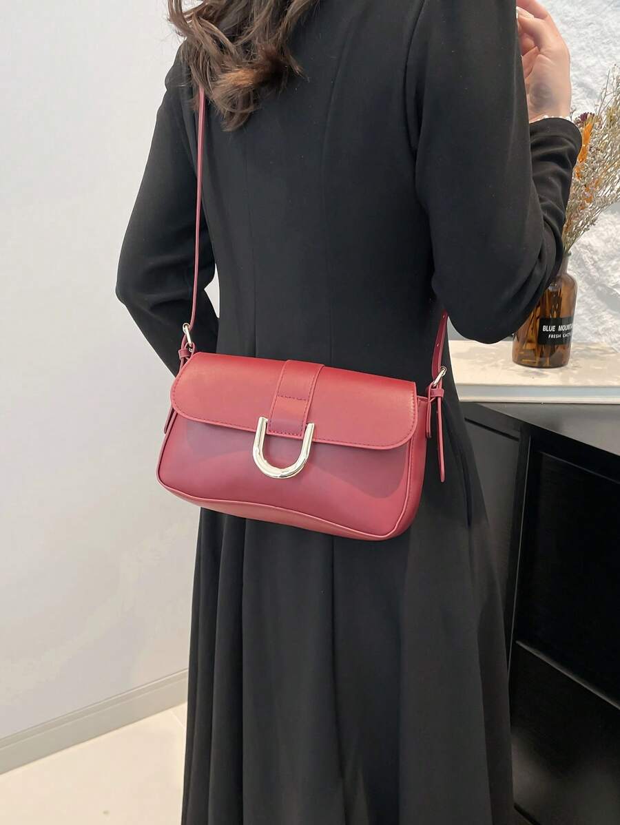 Retro Solid Colored Square Shoulder Bag All Matching Flap Armpit Purse -5