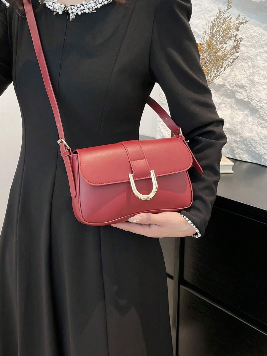 Retro Solid Colored Square Shoulder Bag All Matching Flap Armpit Purse -6