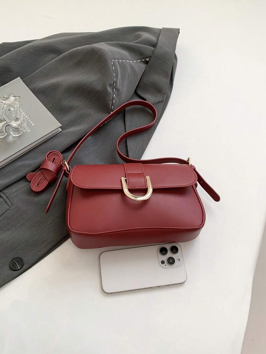 Retro Solid Colored Square Shoulder Bag All Matching Flap Armpit Purse -7