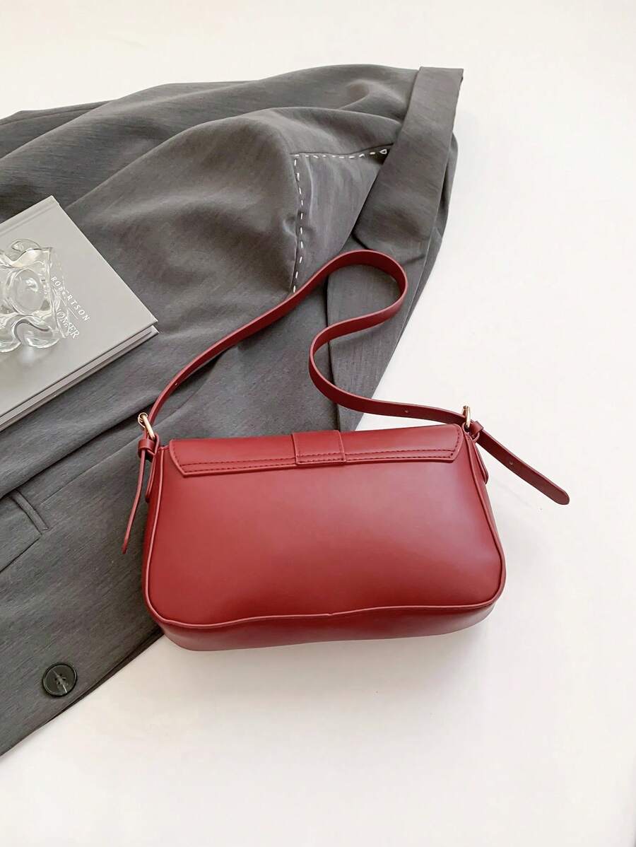 Retro Solid Colored Square Shoulder Bag All Matching Flap Armpit Purse -8