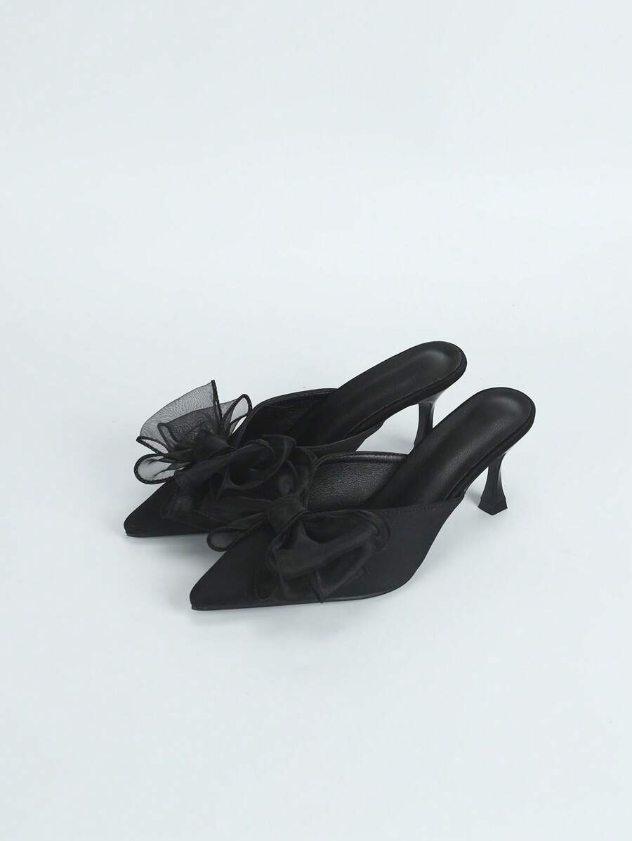 Women Bow Decor Point Toe Pyramid Heeled Mule Pumps, Fashion Outdoor Pumps Valentines black-3