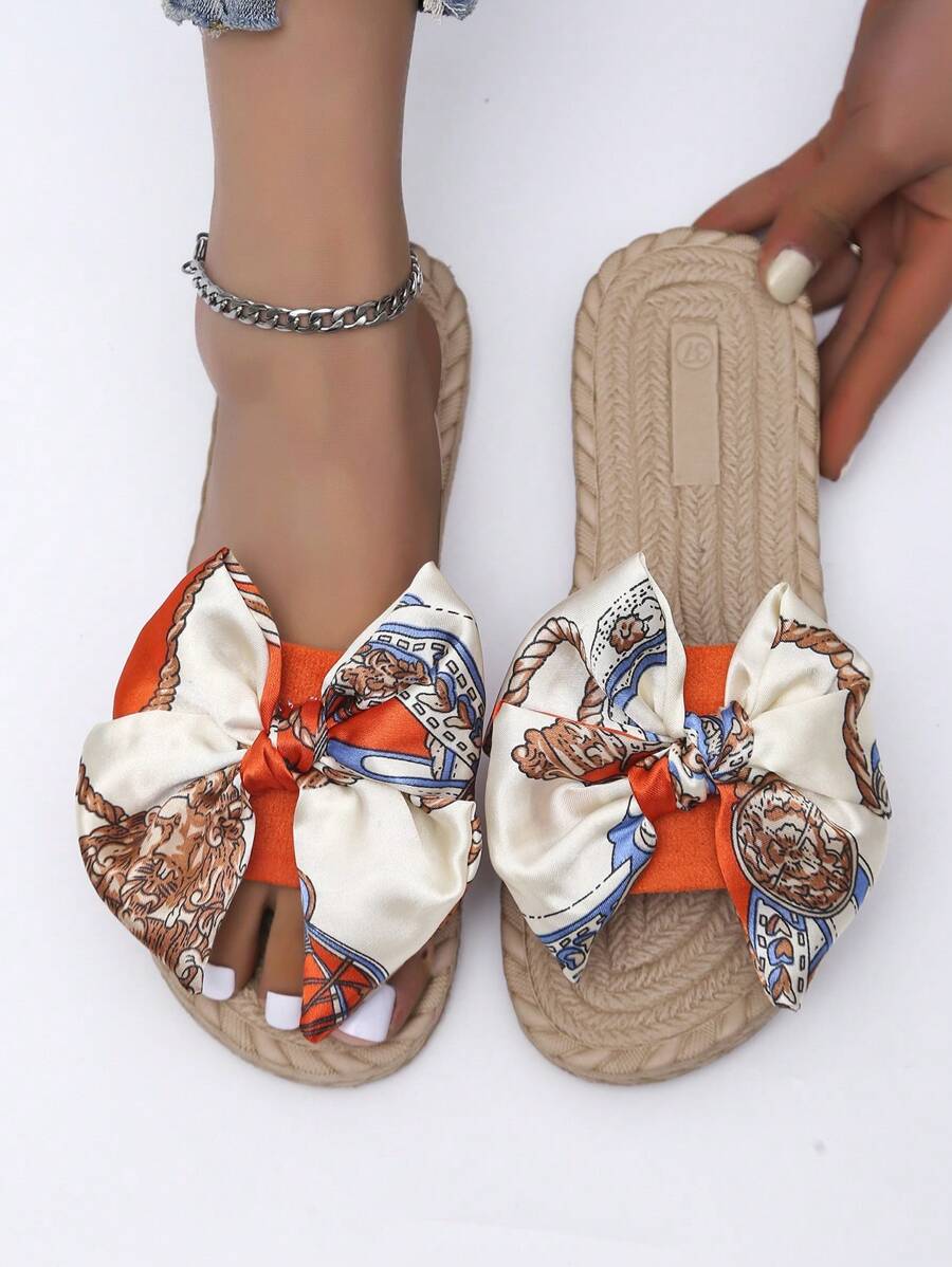 Women Bow Decor Slide Sandals, Vacation Summer Faux Suede Flat Sandals Valentines-2